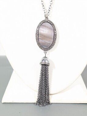 Boho Coastal Chic Abalone Shell Chain Tassel Rhinestone Necklace‎ Long 32"